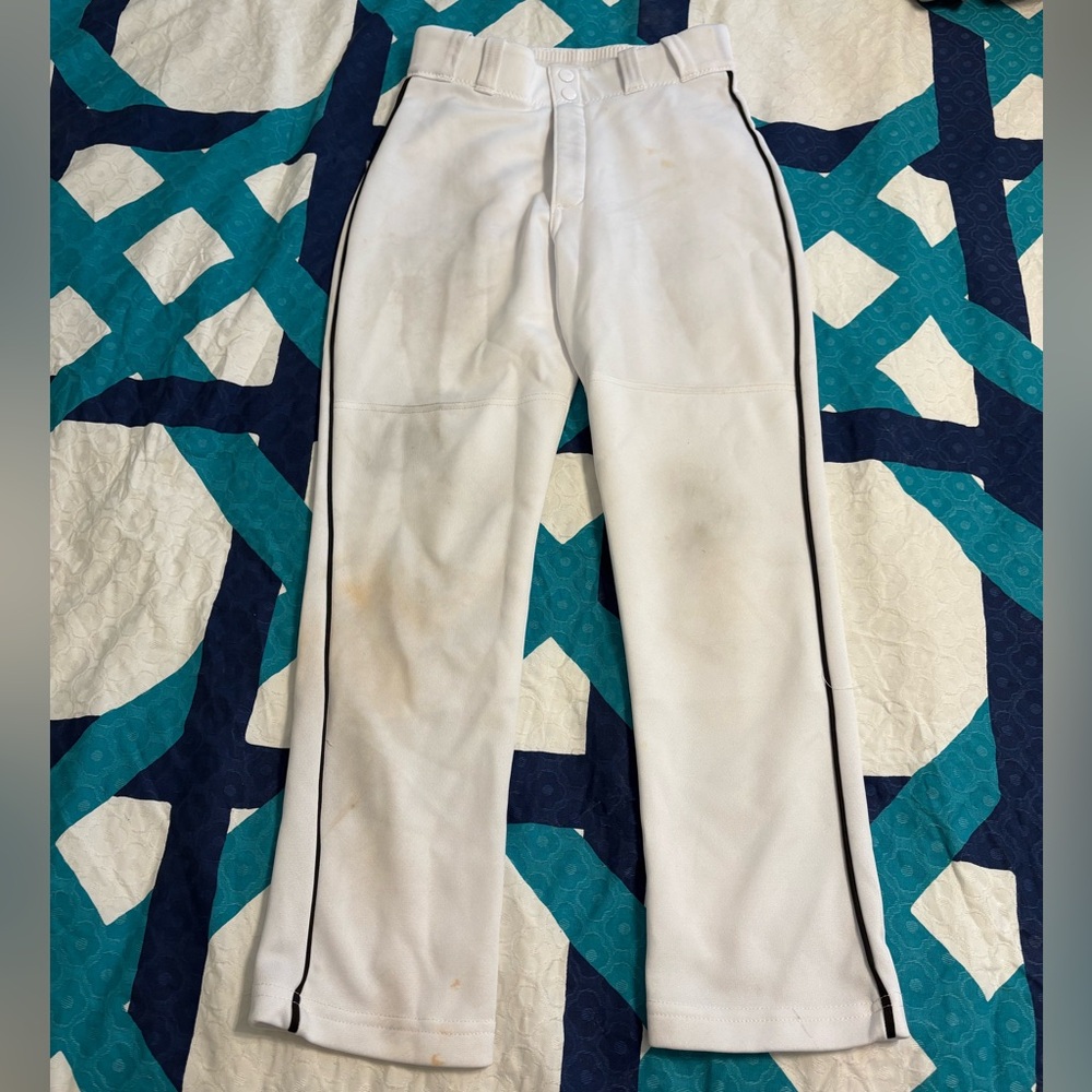 Majestic White Youth Baseball Pants with Black Piping, Size M
